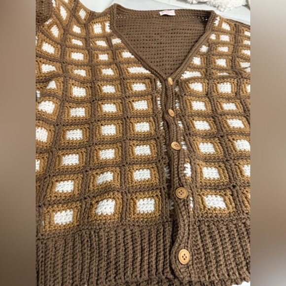 Brown and White handmade knit blanket cardigan Sweater one of a kind 3X Large - Picture 10 of 10